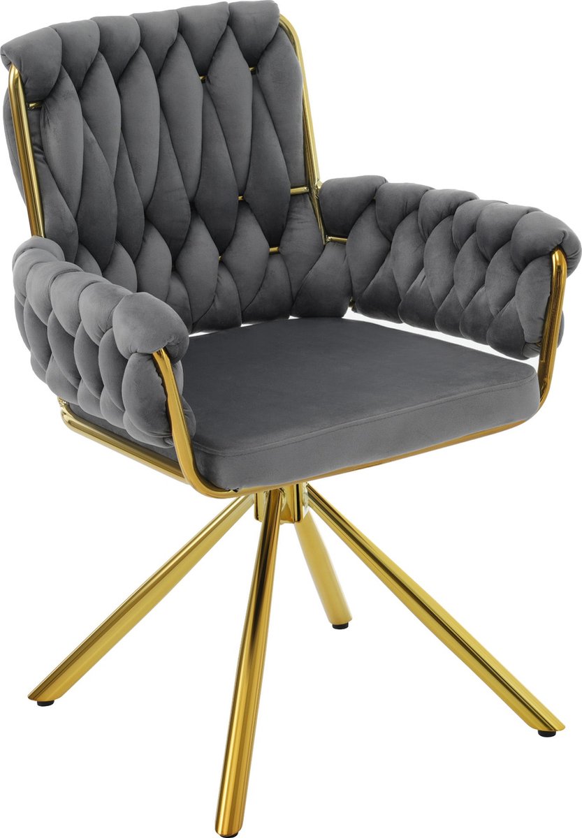 Merax Luxe Draaibare Samt Eetkamerstoelen - Set van 2 – Grijze Fauteuils voor Woon - en Slaapkamer met 360° Draaisysteem en Stabiele Metalen Poten