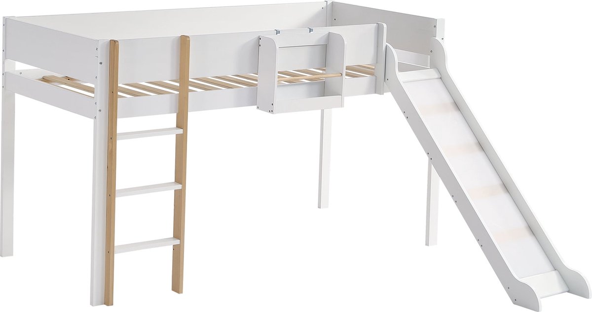Merax Hoogslaper met Glijbaan en Trap - Kinderbed 90x200 cm met Veiligheidshekken - Houten Bed met Verplaatsbaar Wandrek en Opbergruimte - Wit met Houtkleur