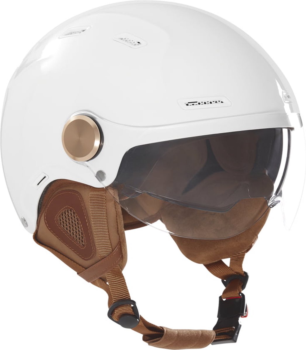 SR fietshelm met ingebouwd zonnevizier - Fietshelm met kort helder vizier en getint zonnevizier - Unieke Vintage Helm met bruine voering - Chique trendy fietshelm - Wit - Maat L (59 t/m 61cm hoofdomtrek)