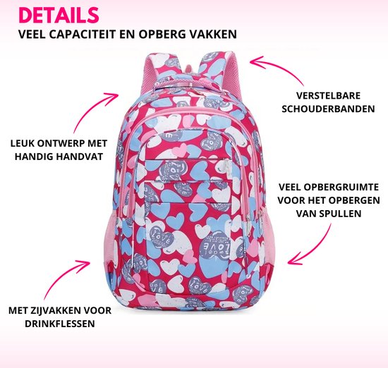 Sac à dos avec sacs bandoulière - Blauw/rose/noir - Ensemble 3 pièces pour adolescents/enfants - Sac à dos imprimé coeurs - Cartable, sac à dos scolaire, sac à dos scolaire - Sac bandoulière fille - Grande capacité - Détails dorés