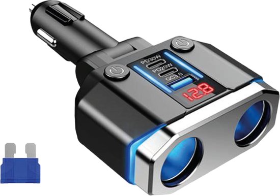 120W Autolader USB C Snellader - Autolader - USB Adapter Auto - 12V Splitter Sigarettenaansteker - Spanningsmeter