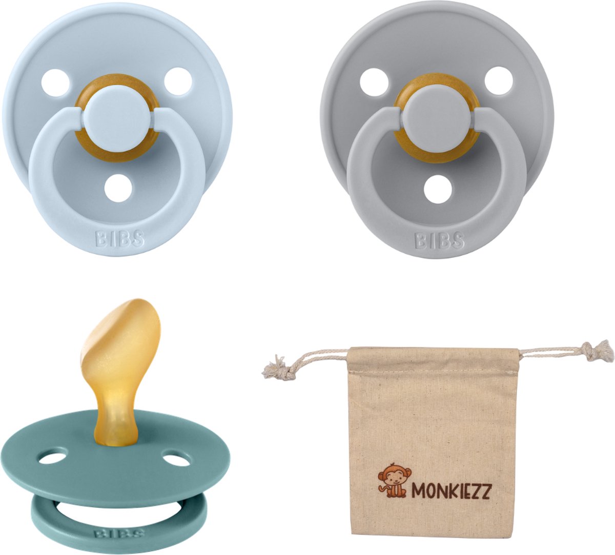 Goedkoopste Bibs Dental fopspenen Anatomical 6-18 maanden- Set 3 stuks- Baby Blue, Cloud , Island Sea Monkiezz speenzakje - orthodontisch- Anatomisch- Maat 2