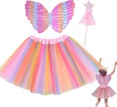 Joya Kids® Regenboog tutu met Vleugels en Staf | Tover fee Verkleedset voor Meisjes | Tutu verkleedkleding | Prinsessencape | Cape Set | Unicorn | Meisje Verkleedset | Carnvalskleding Halloween Meisjes | Met Staf, Vleugels en Tutu | Metallic Roze