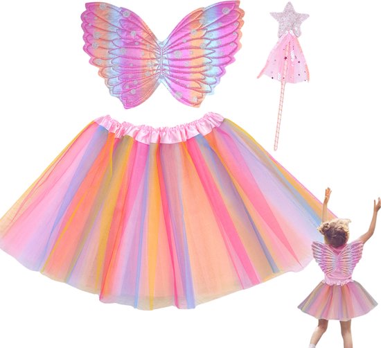 Joya Kids® Regenboog tutu met Vleugels en Staf | Tover fee Verkleedset voor Meisjes | Tutu verkleedkleding | Prinsessencape | Cape Set | Unicorn | Meisje Verkleedset | Carnvalskleding Halloween Meisjes | Met Staf, Vleugels en Tutu | Metallic Roze
