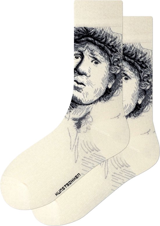 Kunst sokken - Zelfportret met Baret: Rembrandt van Rijn - Sokken Heren 41 46 - Biologisch Katoenen Sokken - funny socks happy - Vrolijke Sokken - Grappige Sokken - Sokken Cadeau