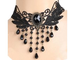 Plux Fashion Blad Steen Choker - Zwart - 4cm/34cm + 7cm hangstuk - Sieraden - Stras Stenen - Fancy Choker - Choker - Stoffen Choker - HipHop Choker - Sieraden Cadeau - Duurzame Kwaliteit - Halloween - Oktoberfeest - Kerst - Halloween kostuum