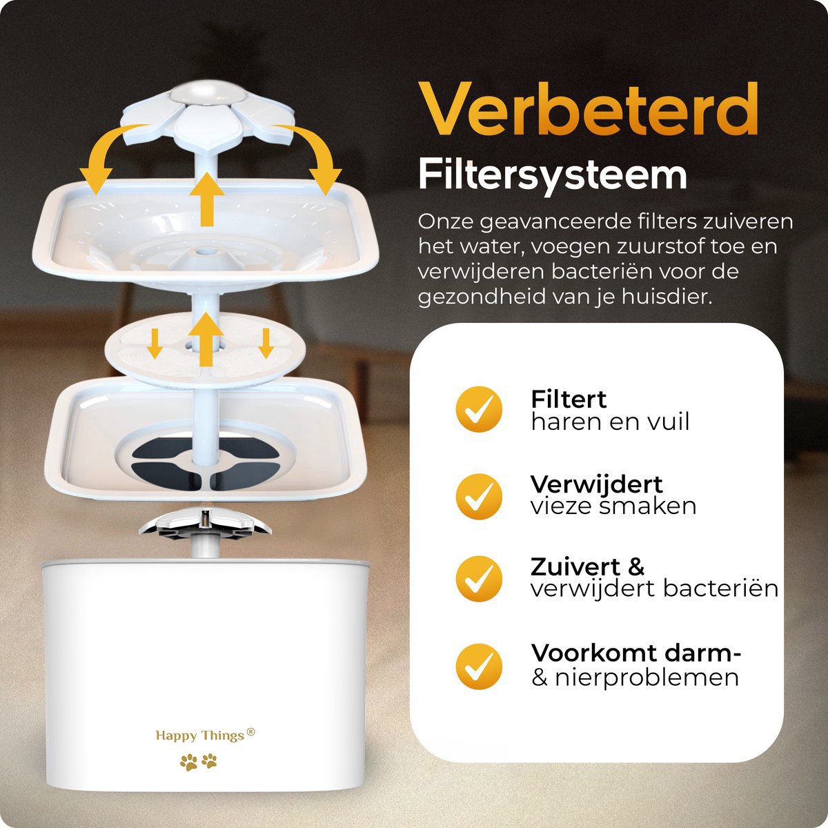 Happy Things® Drinkfontein Kat & Hond GOLD – 2.5L Geruisloze Kattenfontein met 4 Filters – Stijlvolle Waterfontein – Gezonde Hydratatie voor Huisdieren thumbnail 7