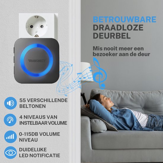 Transnect® - draadloze deurbel - draadloos - deur bel - deurbellen - wireless doorbell - ip44 waterdicht -met ontvanger - zwart — afbeelding 2