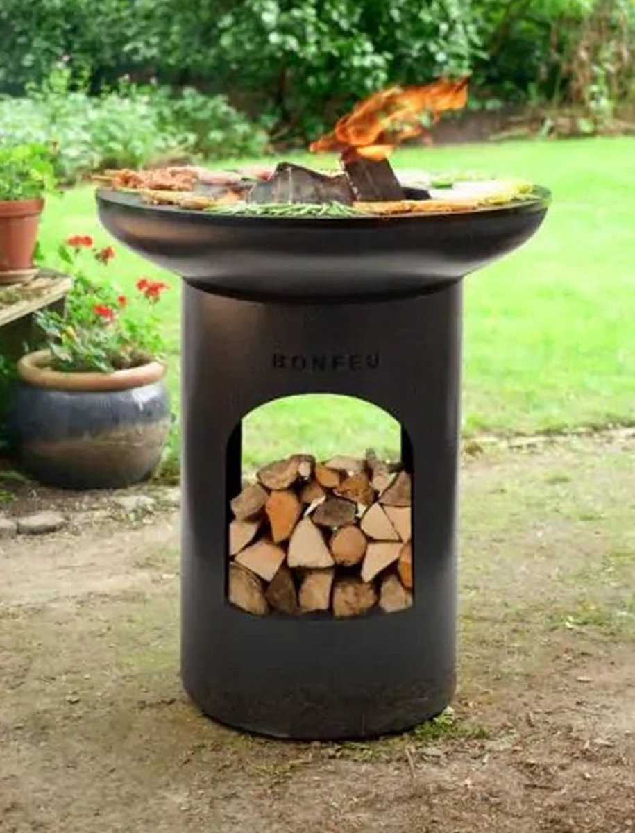 BonFeu BonBiza Open Vuurschaal 80 cm - Met Plancha en Houtopslag - Zwart