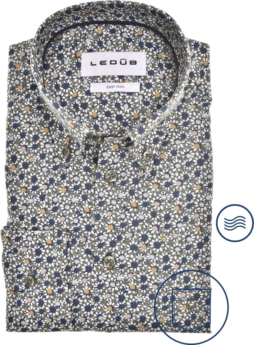 Overhemd Ledub Modern Fit donkergroen geprint button-down