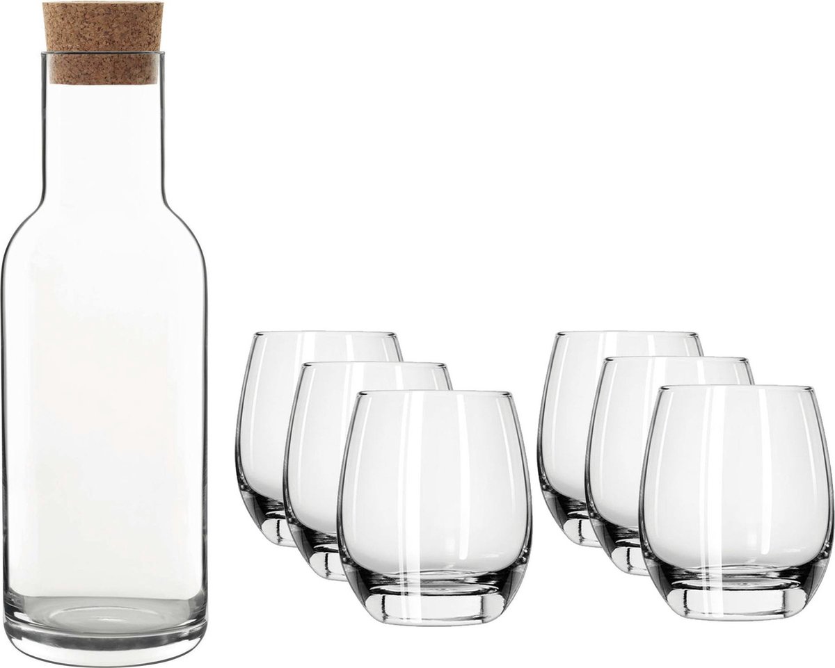 Glazen karaf/schenkkan met kurken dop van 1 liter met 6x stuks drinkglazen/waterglazen 330 ml