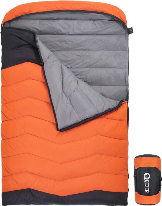 QEZER Dubbele slaapzak voor volwassenen, lichtgewicht donsslaapzakken voor 2 personen, 3~4 seizoenen kamperen, wandelen, backpacken buiten (zwart 5