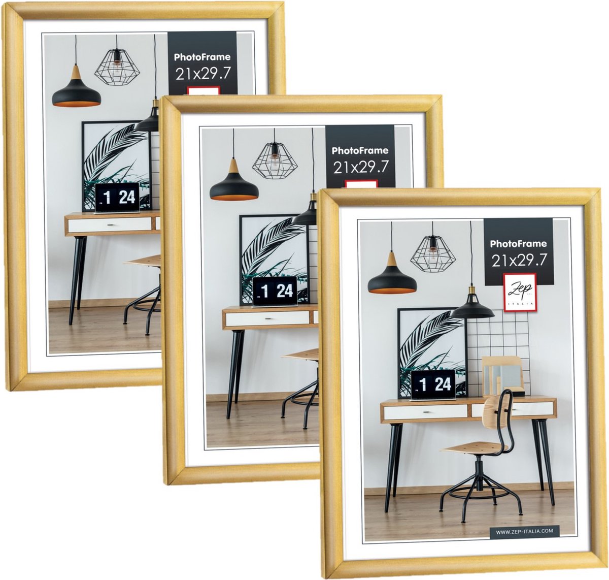 Zep Fotolijst - 3x stuks - goud - kunststof - voor foto van 21 x 29 cm - staand / hangend