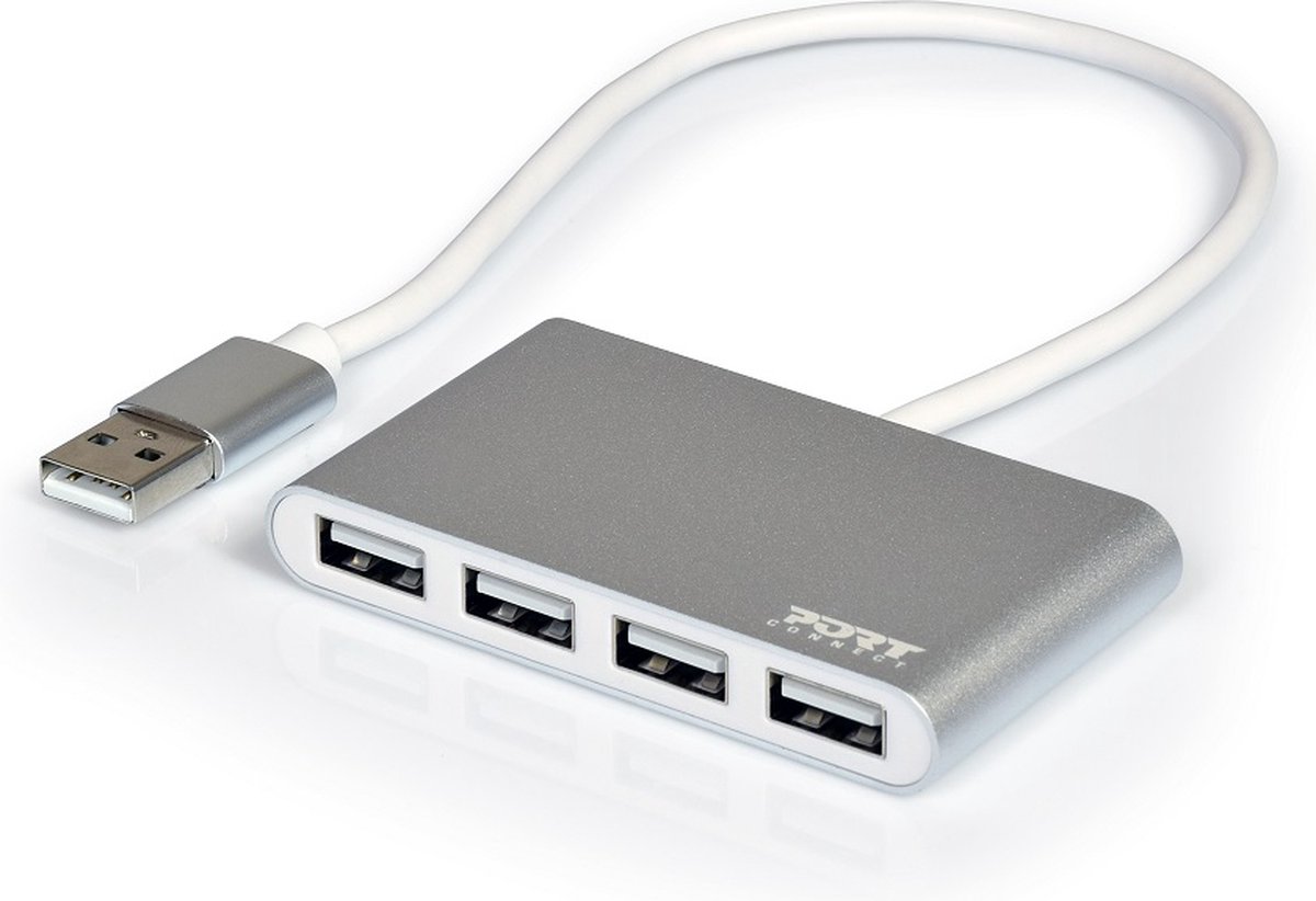 Port Connect - USB-A Hub - 4x USB-A 2.0 Poorten - Plug-and-play - 480 MB/s - 30 cm kabel - Zilver