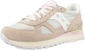 Damessneakers van beige suède met witte en roze accenten, op een witte zool.