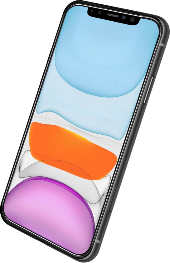 Zwarte iPhone met kleurrijk behang op het scherm, weergegeven in perspectief.