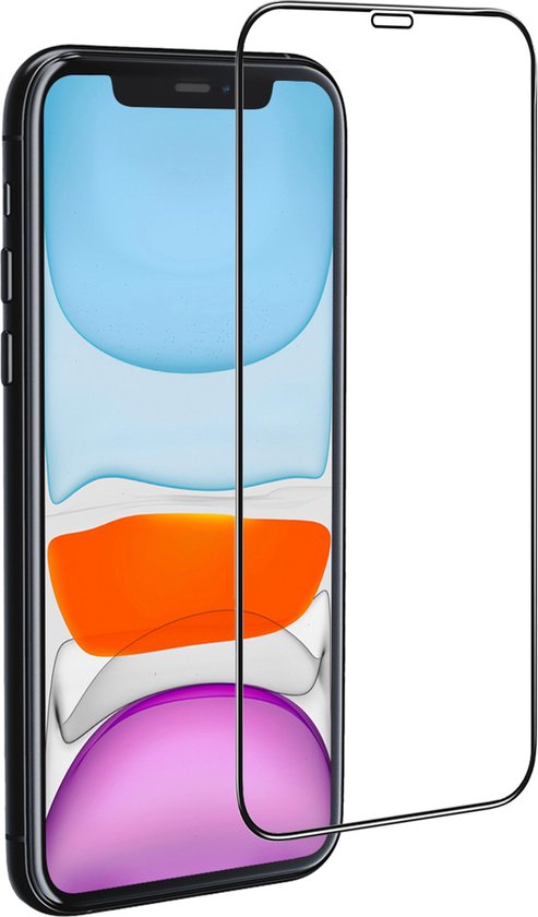 Zwarte iPhone met een screenprotector die nog niet is aangebracht, bovenkant naar voren.