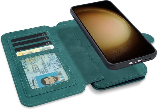 Groen telefoonhoesje in boekstijl, open met pasjes- en id-vakken en telefoon.