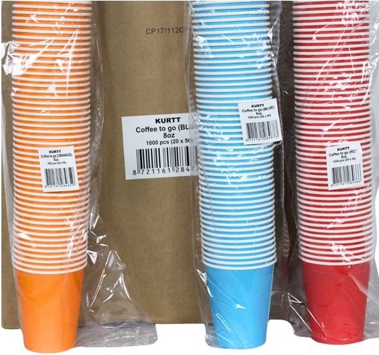 Drie verpakkingen met oranje, blauwe en rode koffiebekers met witte strepen.
