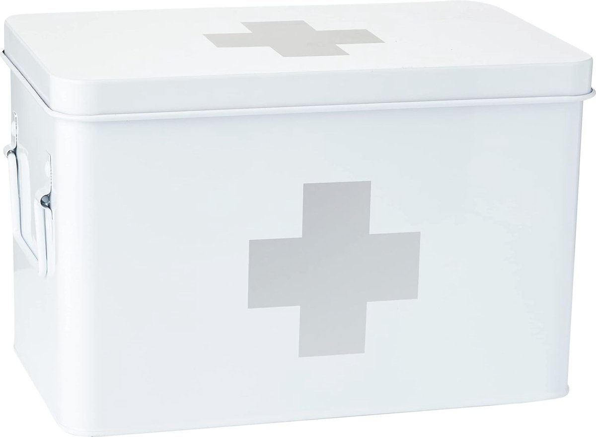 Goedkoopste Medicijndoos in wit metaal met vier vakken en handgrepen - 32 x 19,5 x 20 cm