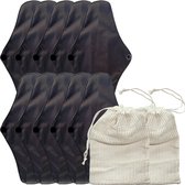 green-goose Bamboevezel Wasbaar Herbruikbaar Maandverband - 10 Stuks - met 2 Waszakjes - Comfortabel met Vleugels en Drukknop - Inlegkruisjes - Zachte Bamboe Stof - Ecologisch - Duurzaam - Super absorberend - Dun - Comfortabel