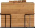 Set van 4 bamboe snijplanken in een zwarte houder. Bovenkant van de planken heeft vormen van dieren: vis, koe, kip, varken.