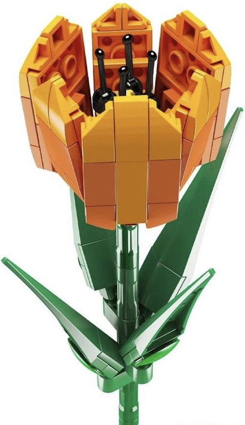 Foto: Hollandse oranje tulp bloem bouwpakket lego compatible tulpen bloemen bloemstuk 85 bouwstenen toy brick lighting 