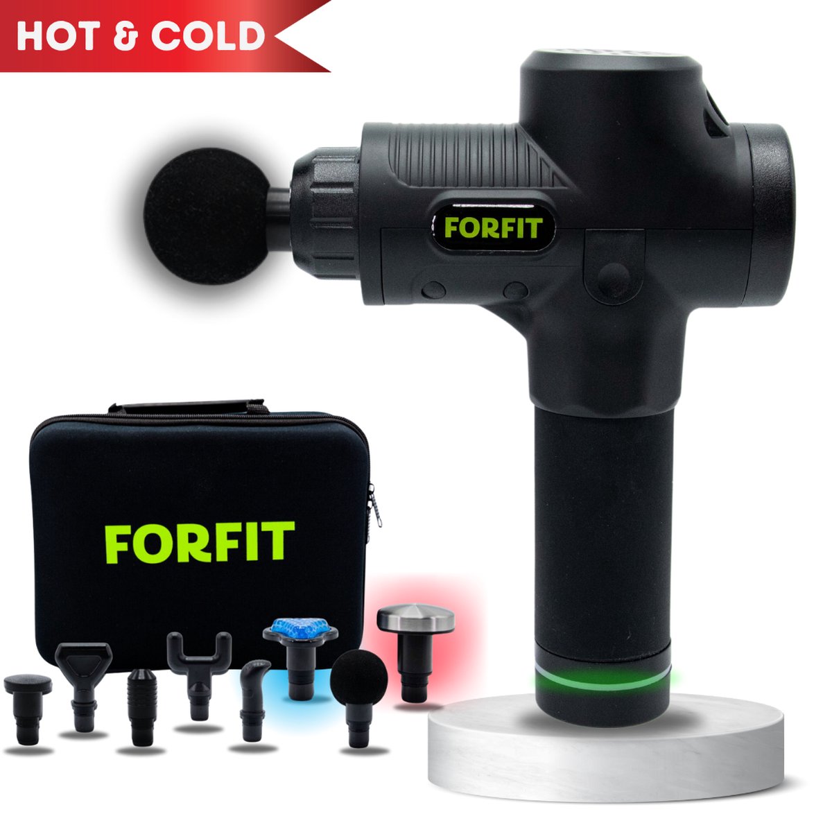 SALE - FORFIT Massage Gun Hot & Cold - Black – 30 Standen en 8 Opzetstukken – Draadloos en stil – Professioneel Massage apparaat- Massage Pistool - Warmte en Koude Therapie