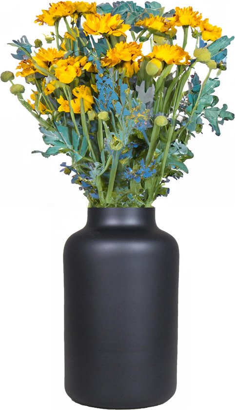 Bela Arte Bloemenvaas Milan - mat zwart glas - 15 x 25 cm - melkbus vaas met smalle hals