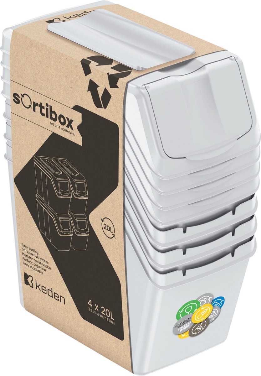 Keden - Sortibox - Set afvalsorteerbakken 4x20L - Prullenbakken - Essengrijs
