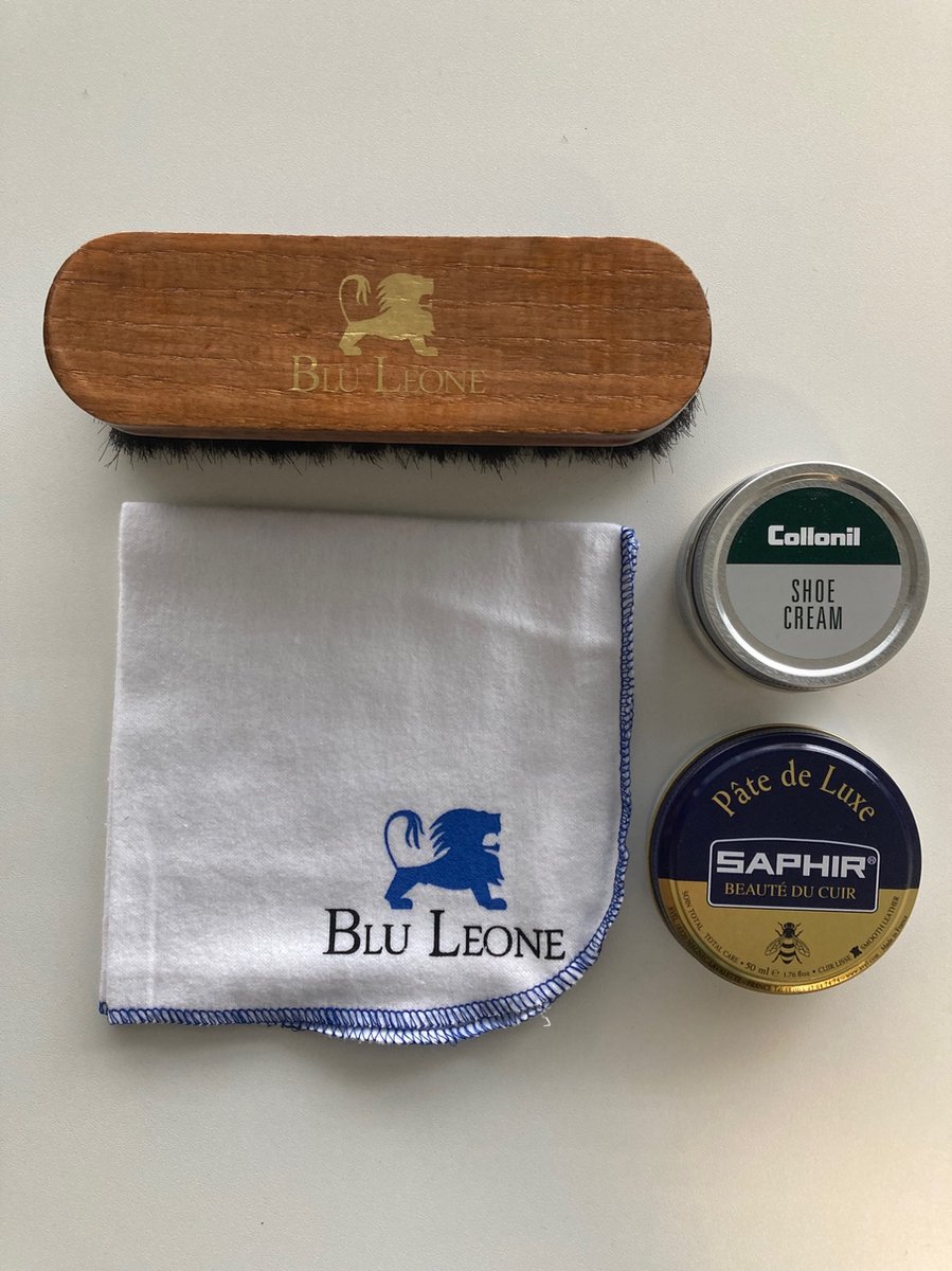 Blu Leone - Schoenpoets Set - Kleurloos - Glad leder - poetsdoek - paardenhaar borstel - saphir schoenwas - collonil schoencreme - volledige schoenonderhoud set