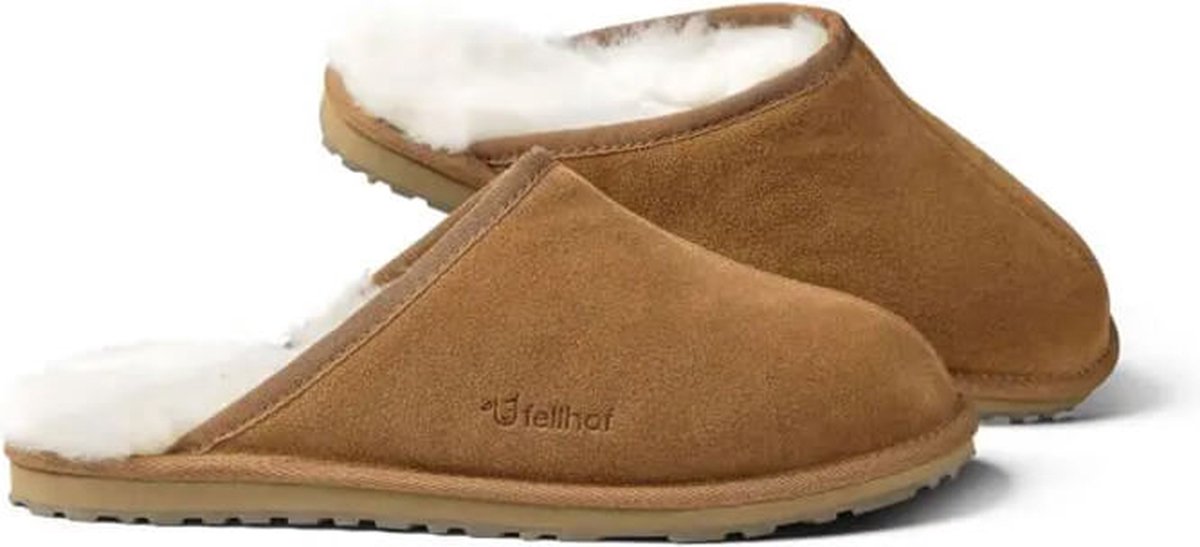 Fellhof Primo pantoffels heren maat 40 – bruin – lamswol – lamsleer - warme pantoffels – wollen pantoffels - sloffen – ademend - antislip zool