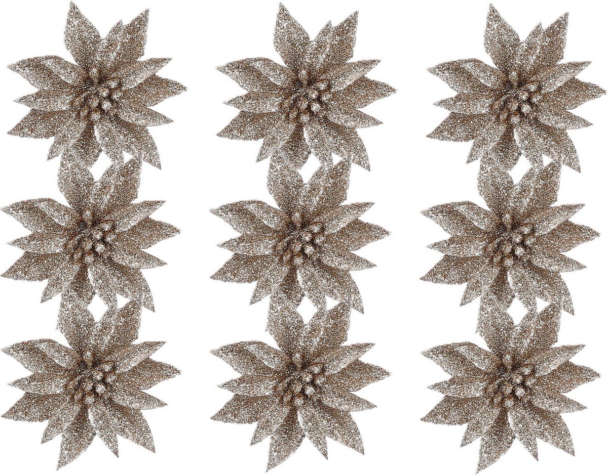 House of Seasons Kerstboom bloemen op clip - 12x stuks - champagne - kunststof - kerstornamenten