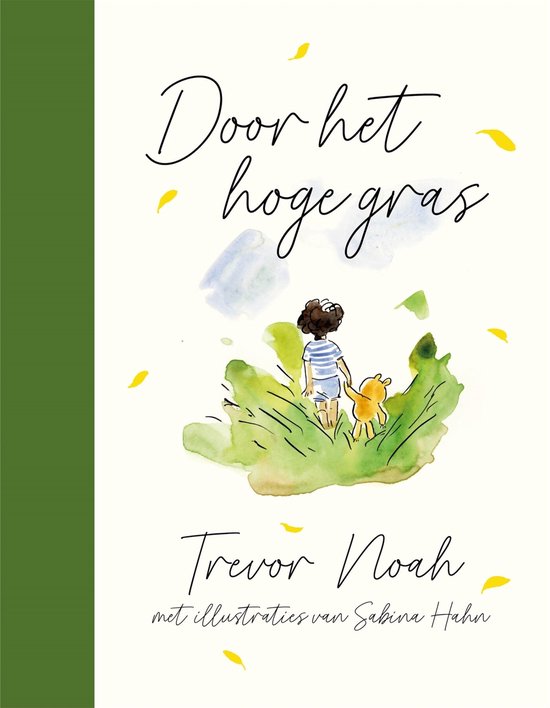 Een jongen met een gestreepte top en blauwe korte broek loopt met een gele hond door hoog gras. De titel 'Door het hoge gras' staat bovenaan.