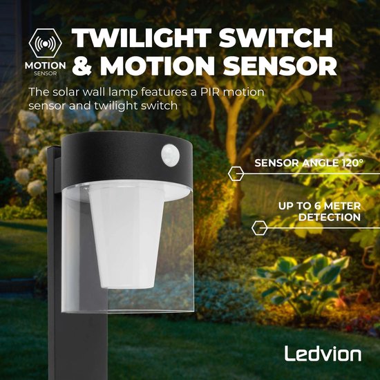 Ledvion - Lampe d'extérieur sur Solar LED , 0,5 W, 3000 K, IP44, Zwart et ronde, avec support. Capteur de mouvement, énergie solaire, économe en énergie et résistant aux intempéries