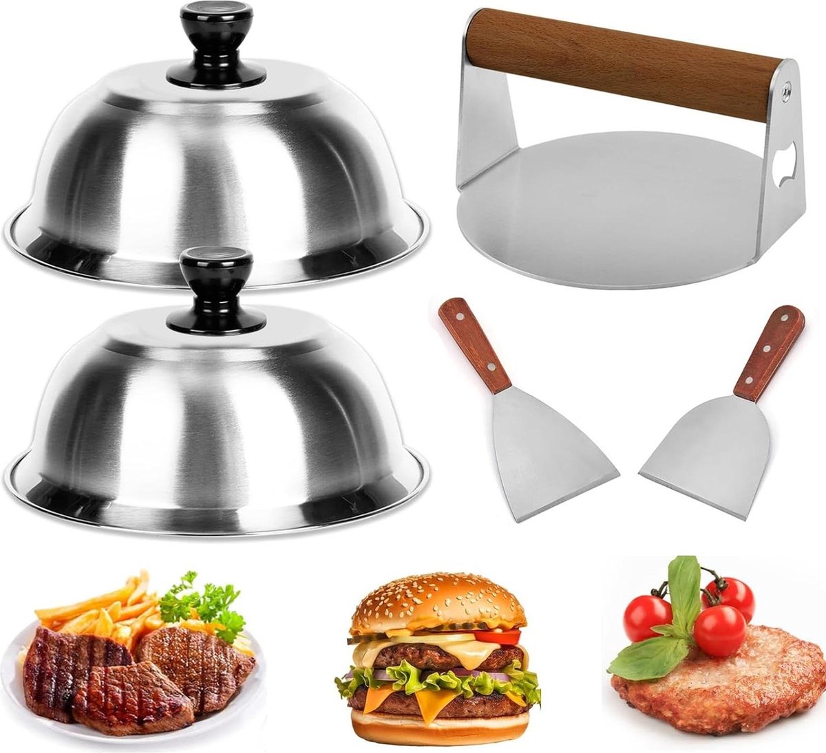 Grillbestekset van 5 stuks RVS Hamburgerset 2 spatels Ronde burgerpers 2 hamburgerbellen Hamburgerssmasher Patties steak