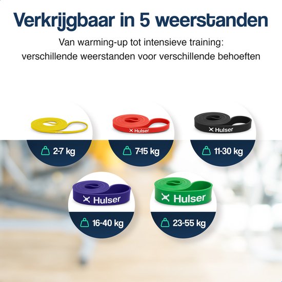 Vijf Hulser weerstandsbanden in de kleuren geel (2-7kg), rood (7-15kg), zwart (11-30kg), paars (16-40kg) en groen (23-55kg).