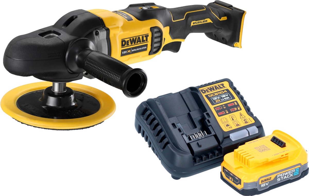 DeWalt DCM 849 E1 accu-excentrische polijstmachine 18 V 180 mm borstelloos + 1x Powerstack accu 1,7 Ah + lader