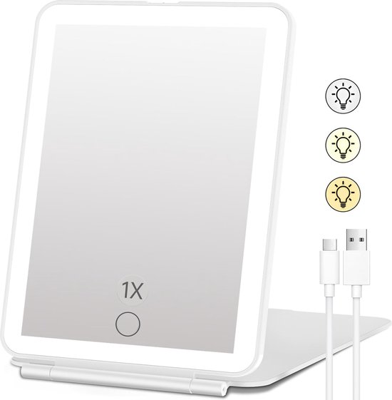 Miroir de maquillage rechargeable avec lumières LED pour voyage, miroir de maquillage avec lumières, portable, variable, 72 lumières LED, miroir de beauté éclairé, 3 couleurs, écran tactile (Wit)