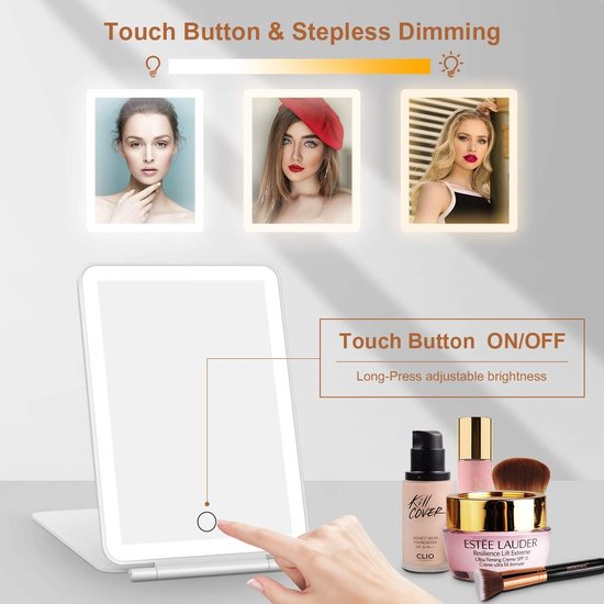 Miroir de maquillage rechargeable avec lumières LED pour voyage, miroir de maquillage avec lumières, portable, variable, 72 lumières LED, miroir de beauté éclairé, 3 couleurs, écran tactile (Wit)