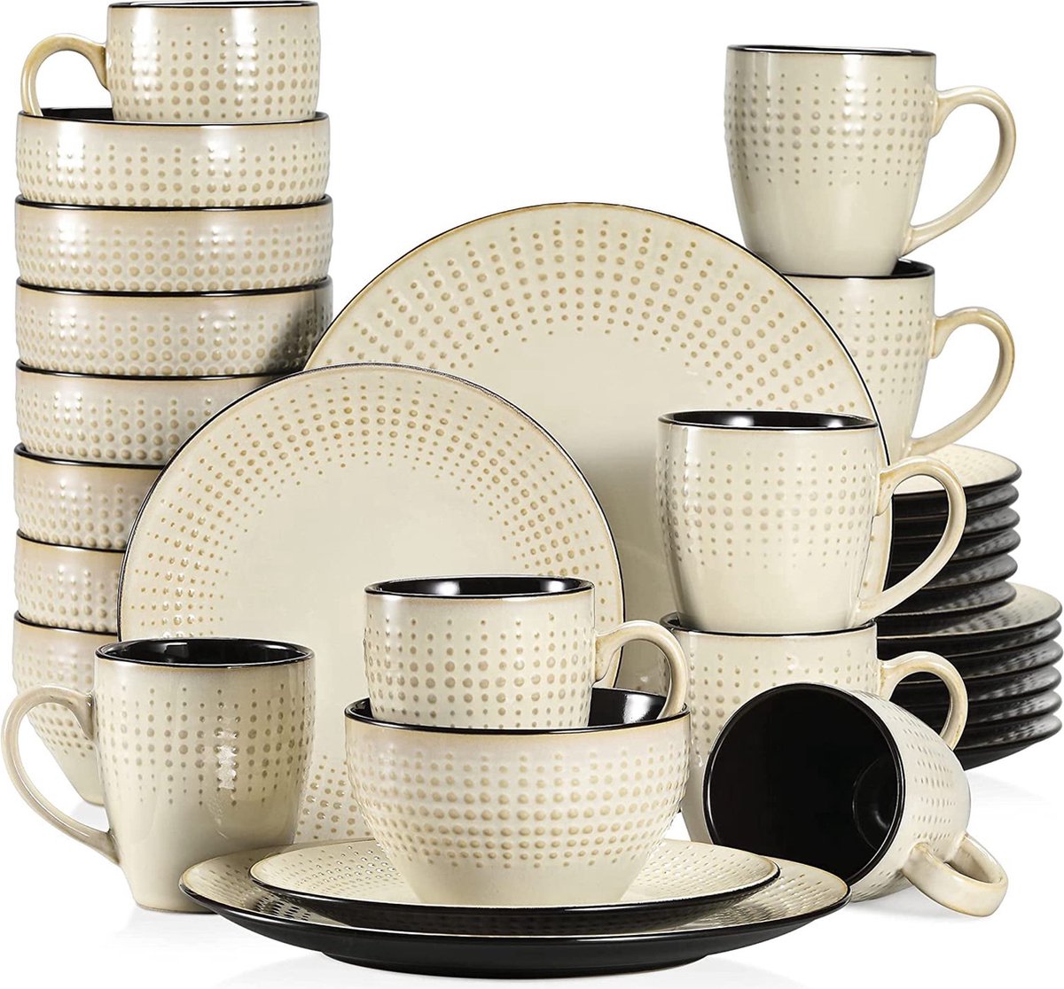 Luxe Serviesset – 32 delig – 8 persoons – Porselein - Bordenset – Dinner platen – Dessertborden - Kommen - Mokken - Beige