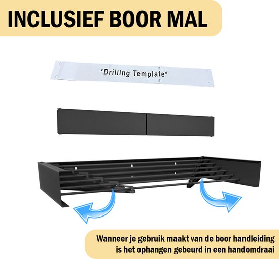 PLAY IT Wanddroogrek 120cm Inklapbaar XXXL Zwart - 8.4 Meter Drooglengte - Wasrek/Droogrek Hangend + 2 Handdoek Haakjes
