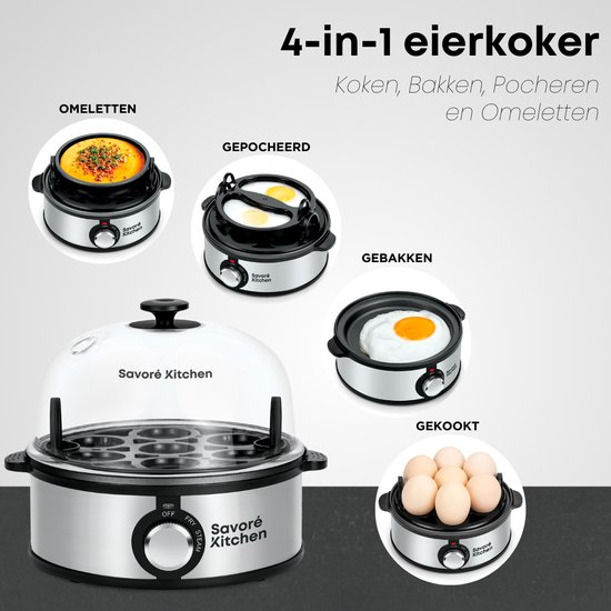 Zilverkleurige Savoré Kitchen eierkoker met transparante deksel. Illustraties tonen koken, bakken, pocheren en omeletten.