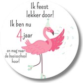20 x stickers - 4 jaar - Basisschool - Flamingo - rond - glossy - Afscheid peuterspeelzaal - Kinderopvang - Uitdelen - Traktatiestickers