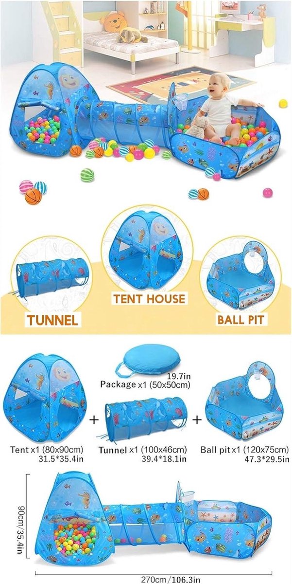 Speeltent voor Kinderen Pop-up Kruiptunnel Ballenbad Tunnel Balspeltunnel Tuinspeelhuis Babytenthuis