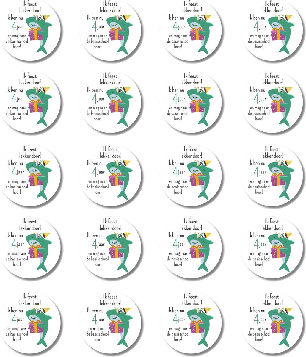 20 x traktatiestickers basisschool - 4 jaar - Haai - Feest nog even door - Trakteren - Uitdelen - Cadeaustickers - rond - Glossy — afbeelding 2