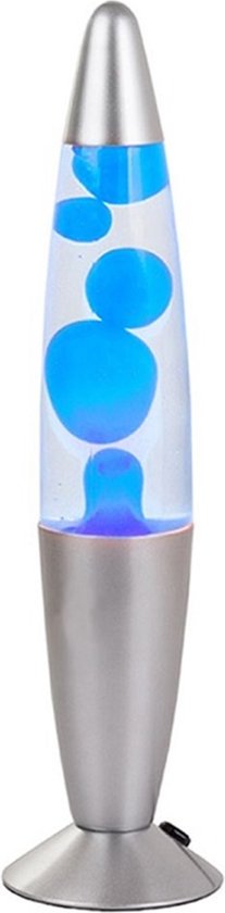 Zilverkleurige lavalampe met transparante buis vol met opstijgende blauwe bubbels.