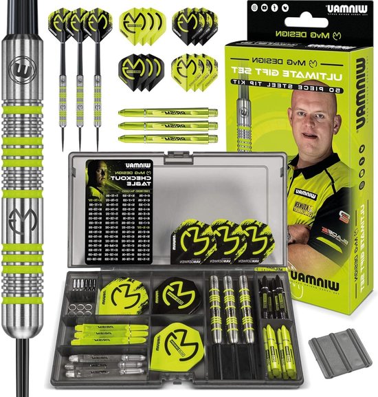 Dartbord cadeauset - Michael Van Gerwen MvG - 50-delige dartset met 4 sets schachten en 4 sets vluchten plus accessoires van Merkloos — afbeelding 5