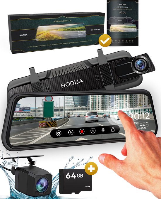 Foto: Nodija dashcam ultra 4k dashboardcamera dual dashcam voor auto autocamera wegcamera touchscreen met 64gb