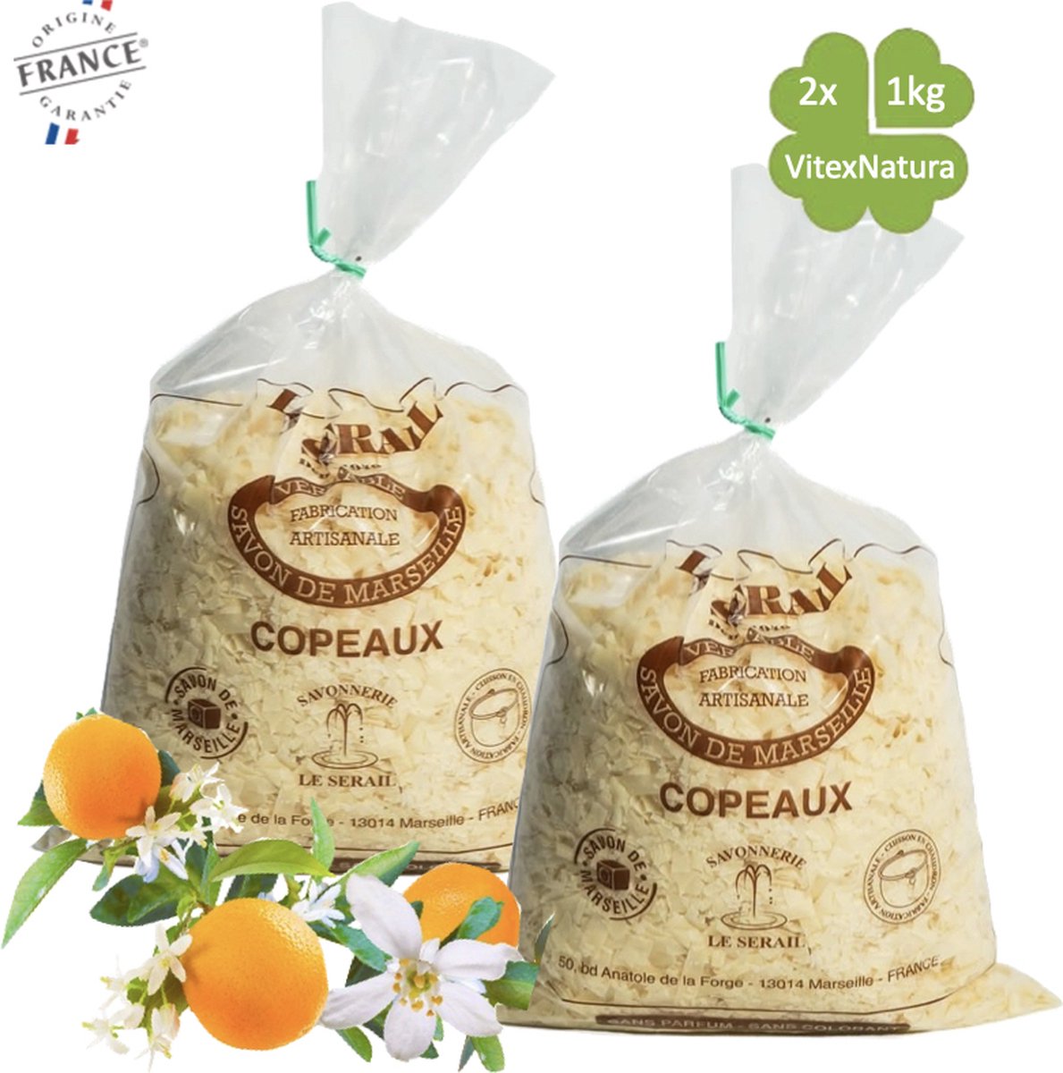 Goedkoopste Marseille zeepvlokken sinaasappelbloesem | 2x 1kg | Ecologisch en Milieuvriendelijk | Le Serail | Multifunktioneel